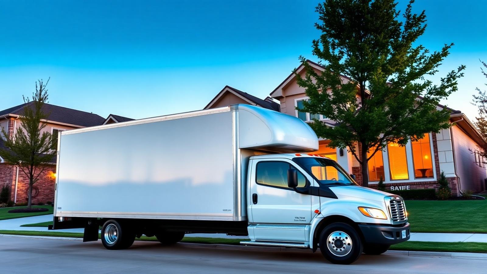 Premium moving truck parked at a modern Frisco home at golden hour